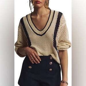 Pilcro Cream and Black V-Neck Sweater Anthropologie